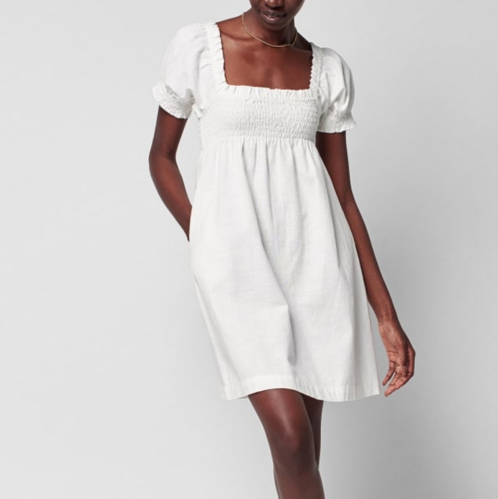 NWT Faherty Ramona Smocked Puff Sleeve Dress Sz S Egret White